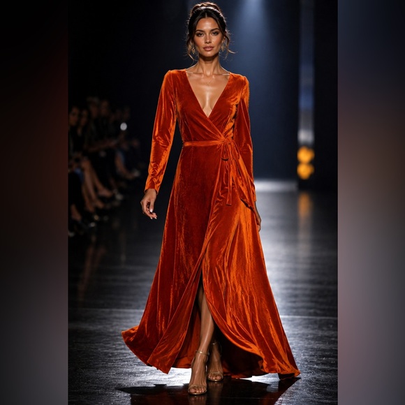Pomuyoo Dresses & Skirts - Pomuyoo Velvet Wrap Maxi Dress Burnt Orange Long Sleeve Size 6